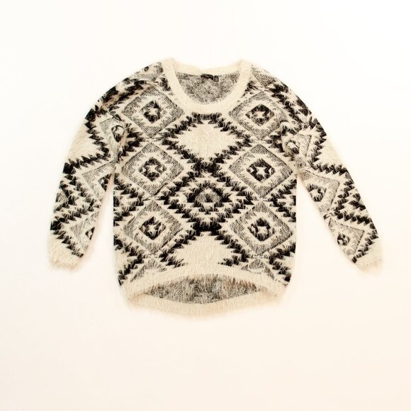 Dex 1963 Aztec Inspired Southwestern Sweater | Black & White Fuzzy Mohair Knit - Picture 3 of 10